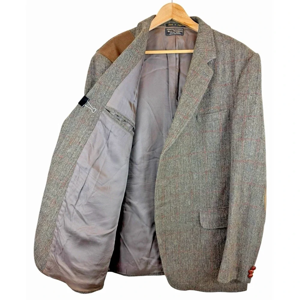 Norm Thompson‎ Tweed Shooting Blazer 48R Brown Herringbone Wool Elbow Patch VTG